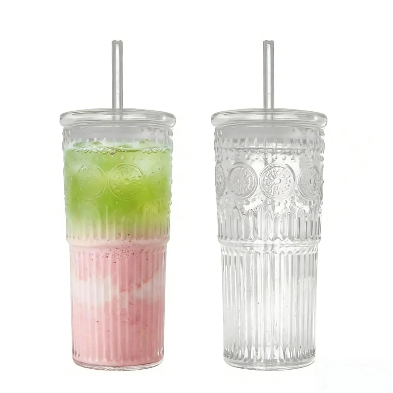 【Father's Day Gift】Glass Iced Coffee Cup With Lids and Straws, 24 OZ High Borosilicate Glass Tumbler for Water Smoothie Juice Drinks, Modern Glass Mug for Cold & Hot Beverages