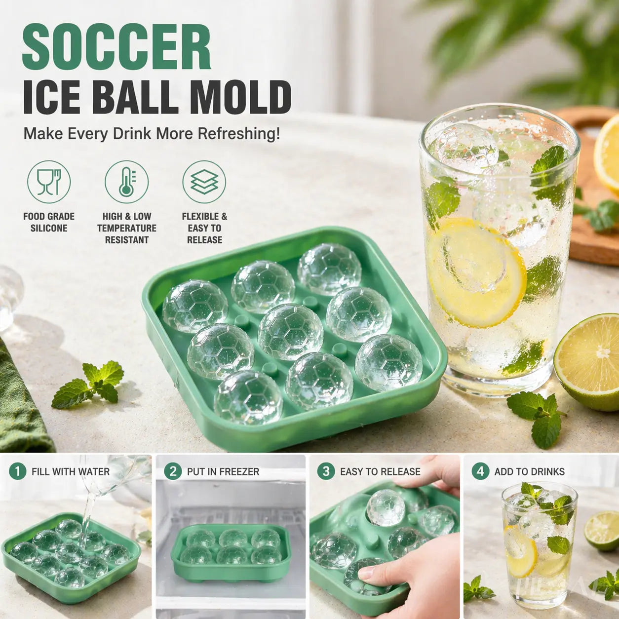 Soccer Ball Ice Cube Tray – Food-Grade Silicone, BPA-Free, Slow-Melting Ice Balls for Whiskey, Cocktails, Juice & Drinks