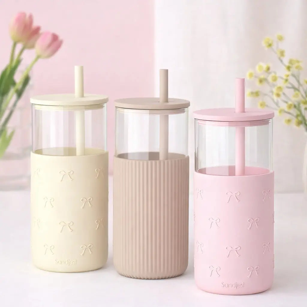 20oz Glass Tumbler with Silicone Sleeve & Straw, Aesthetic Cup Ideal for Hot & Cold Drinks Smoothie Iced Coffee, Gift for Her Women Girl