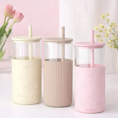 20oz Glass Tumbler with Silicone Sleeve & Straw, Aesthetic Cup Ideal for Hot & Cold Drinks Smoothie Iced Coffee, Gift for Her Women Girl