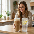 【Father's Day Gift】Glass Iced Coffee Cup With Lids and Straws, 24 OZ High Borosilicate Glass Tumbler for Water Smoothie Juice Drinks, Modern Glass Mug for Cold & Hot Beverages