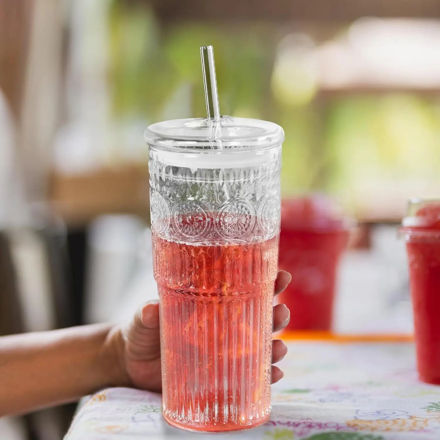 【Father's Day Gift】Glass Iced Coffee Cup With Lids and Straws, 24 OZ High Borosilicate Glass Tumbler for Water Smoothie Juice Drinks, Modern Glass Mug for Cold & Hot Beverages