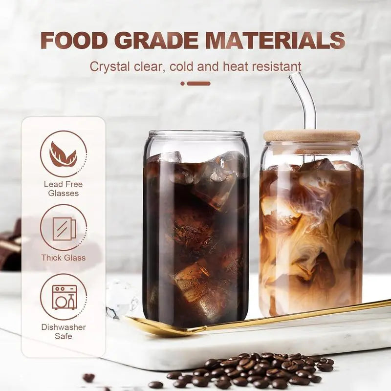 Glass Cup with Lid & Straw & Brush Set, 1/2/4/6/8pcs 16oz Party Clear Glass Cup Set,Housewarming Birthday Gift Ideas, Suitable for Coffee, Juice, Milk Tea, Beer Cocktail Whiskey, Kitchen Household Drinking Utensils Tumblers Drinkware Bottles