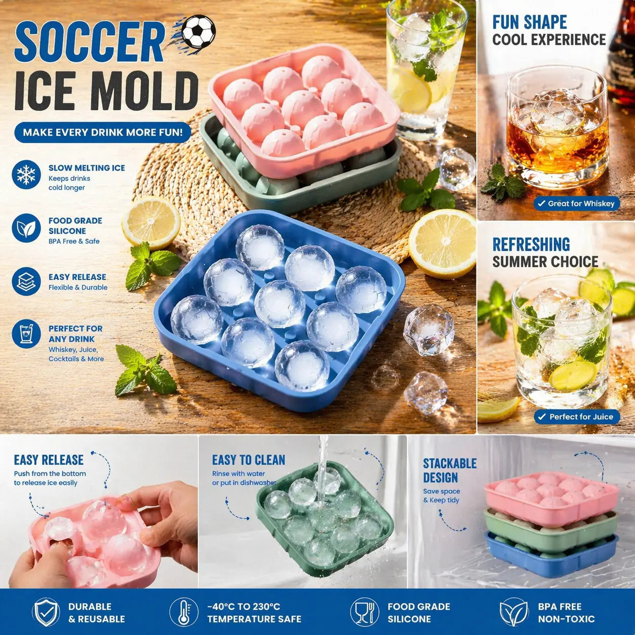 Soccer Ball Ice Cube Tray – Food-Grade Silicone, BPA-Free, Slow-Melting Ice Balls for Whiskey, Cocktails, Juice & Drinks