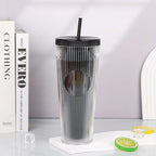 Tradeysum 700ml/24oz Plastic Tumbler with Lid and Straw, Double Wall Insulated Reusable Iced Coffee Cup, Ribbed Texture Cold Drink Mug with DIY Logo Area, BPA-Free High Capacity Water Bottle for Parties Gifts