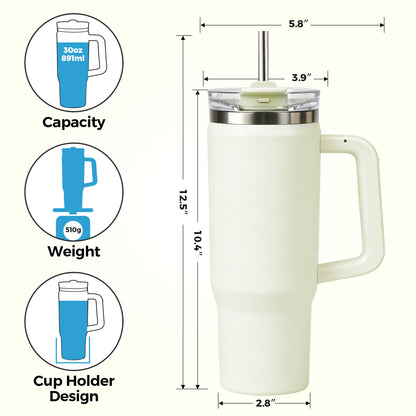 Tradeysum 30 oz Tumbler with Handle and Hidden Straw, Vacuum Insulated Stainless Steel Water Bottle with 2-in-1 Lid, Leak-Proof Reusable Iced Coffee Mug, Car Cup Holder Friendly for Gym, Travel & Office