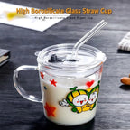 Tradeysum 350ML Glass Cup with Handle, Lid and Straw for Kids, Cute Cartoon Pattern Milk Juice Mug, Heat Resistant Borosilicate Glass Water Bottle, Portable Drinking Cup for School Home Office, Gift for Boys Girls