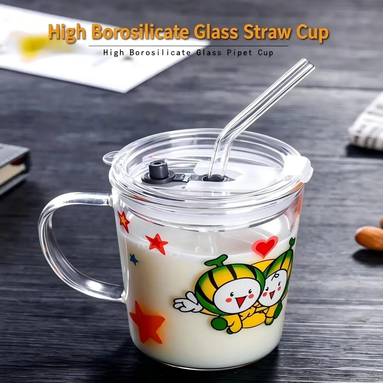Tradeysum 350ML Glass Cup with Handle, Lid and Straw for Kids, Cute Cartoon Pattern Milk Juice Mug, Heat Resistant Borosilicate Glass Water Bottle, Portable Drinking Cup for School Home Office, Gift for Boys Girls