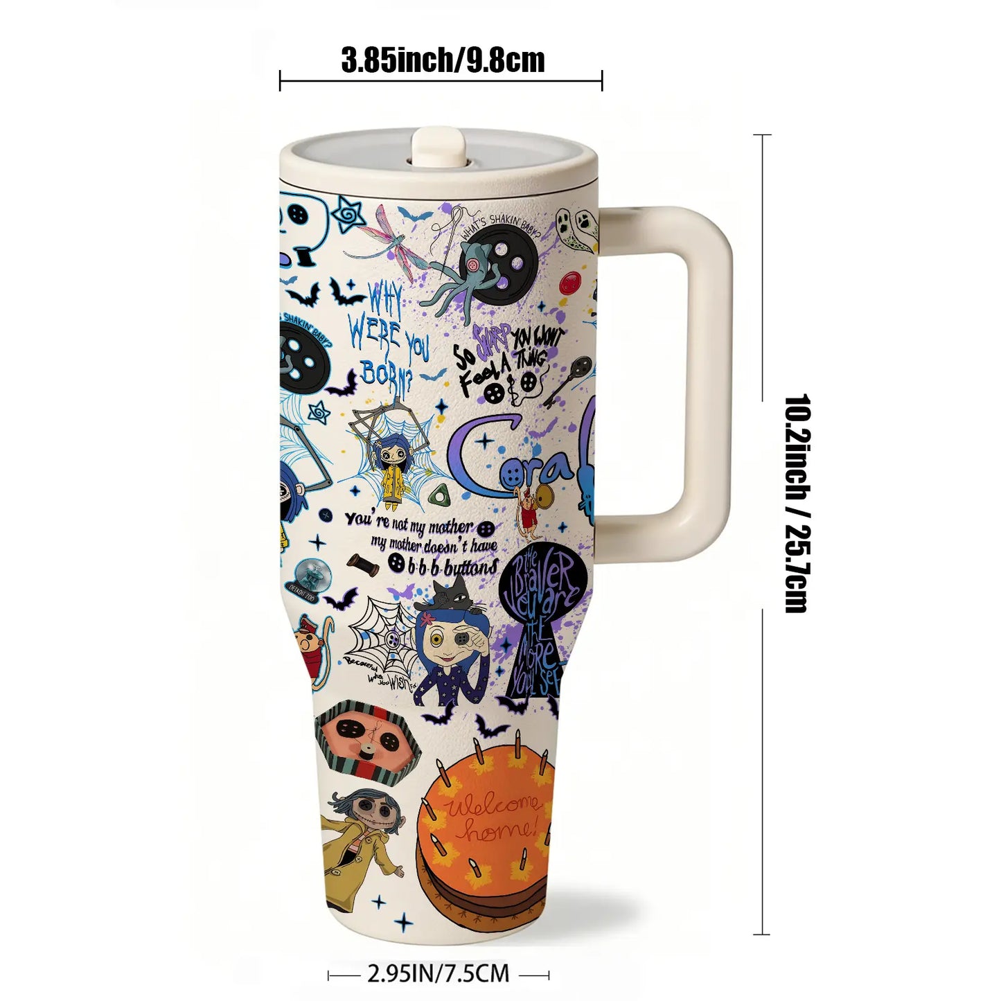 1pc 40oz Stainless Steel Tumbler with Lid and Straw, Insulated Drink Tumbler, Coraline Cartoon Style, Vacuum Insulated Thermal Cup, Keep Hot 12H/Cold 24H, Travel Mug for Movie Fans, Gift for Horror Aesthetic Lovers and Animation Enthusiasts