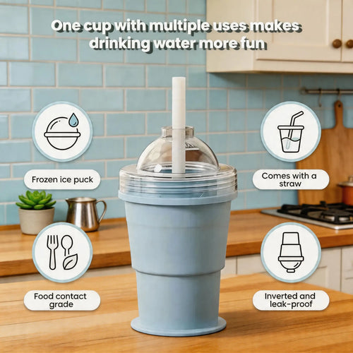 Portable Foldable Ice Cup Food-Grade Silicone Collapsible Cold Drink Cup with Reusable Straw Leakproof Lightweight Travel Mug for Outdoor Beach Camping Picnic - Bottle, Drinkware Drinking Tumbler Detachable
