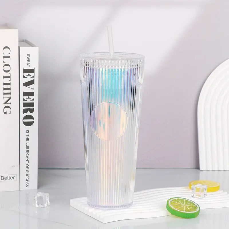 Tradeysum 700ml/24oz Plastic Tumbler with Lid and Straw, Double Wall Insulated Reusable Iced Coffee Cup, Ribbed Texture Cold Drink Mug with DIY Logo Area, BPA-Free High Capacity Water Bottle for Parties Gifts