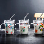 Tradeysum 350ML Glass Cup with Handle, Lid and Straw for Kids, Cute Cartoon Pattern Milk Juice Mug, Heat Resistant Borosilicate Glass Water Bottle, Portable Drinking Cup for School Home Office, Gift for Boys Girls