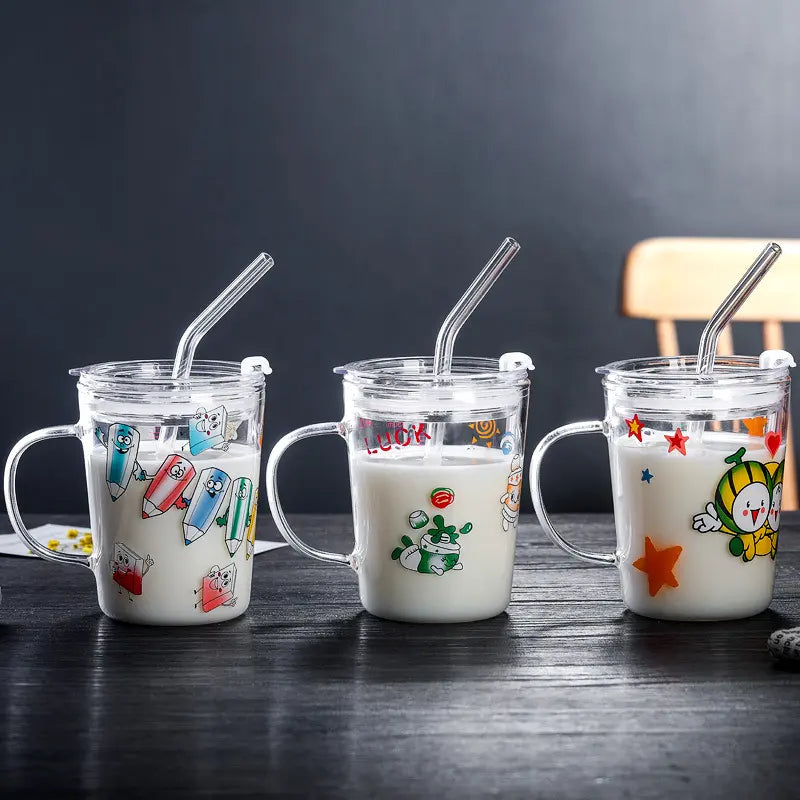 Tradeysum 350ML Glass Cup with Handle, Lid and Straw for Kids, Cute Cartoon Pattern Milk Juice Mug, Heat Resistant Borosilicate Glass Water Bottle, Portable Drinking Cup for School Home Office, Gift for Boys Girls