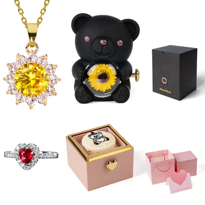 【Buy 2 Get 1 Free】Mountova Lucky Sunflower Bear Necklace Gift Box Set, Romantic Jewelry for Mom, Daughter, Girlfriend, Birthday & Anniversary, Cute Room Decor,Father's Day Gifts, Back-to-School Gifts Bling Chain,#tiktokshopsummersale