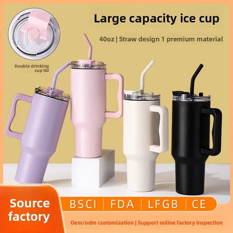 40Oz Car Cup Thick 304 Stainless Steel Vacuum Cup Large Capacity Car Water Cup Leakproof Vacuum Cup Reusable Straw