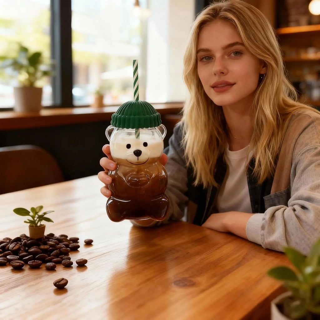 Viral Bearista Cold Cup for 2026 Holiday Collection Nostalgia Cute Bear Cup With Striped Straw 20oz High-Quality Glass Tumbler for Smoothies Boba & Beverage  Iced Coffee Glass Gifts colorful glass cup practical gift