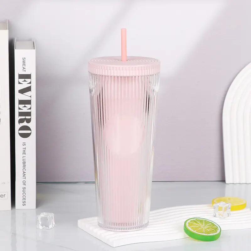 Tradeysum 700ml/24oz Plastic Tumbler with Lid and Straw, Double Wall Insulated Reusable Iced Coffee Cup, Ribbed Texture Cold Drink Mug with DIY Logo Area, BPA-Free High Capacity Water Bottle for Parties Gifts