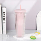 Tradeysum 700ml/24oz Plastic Tumbler with Lid and Straw, Double Wall Insulated Reusable Iced Coffee Cup, Ribbed Texture Cold Drink Mug with DIY Logo Area, BPA-Free High Capacity Water Bottle for Parties Gifts