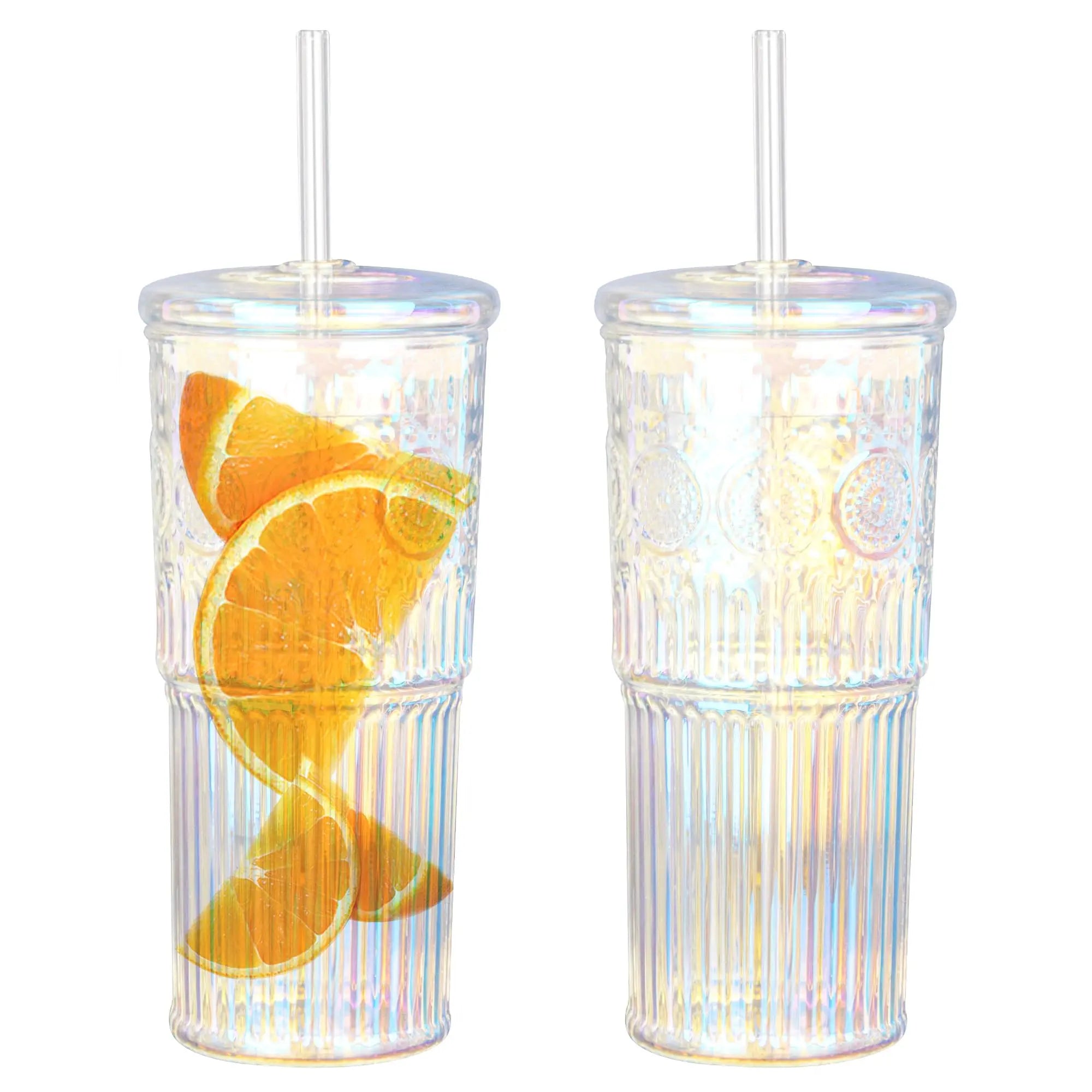 【Father's Day Gift】Glass Iced Coffee Cup With Lids and Straws, 24 OZ High Borosilicate Glass Tumbler for Water Smoothie Juice Drinks, Modern Glass Mug for Cold & Hot Beverages