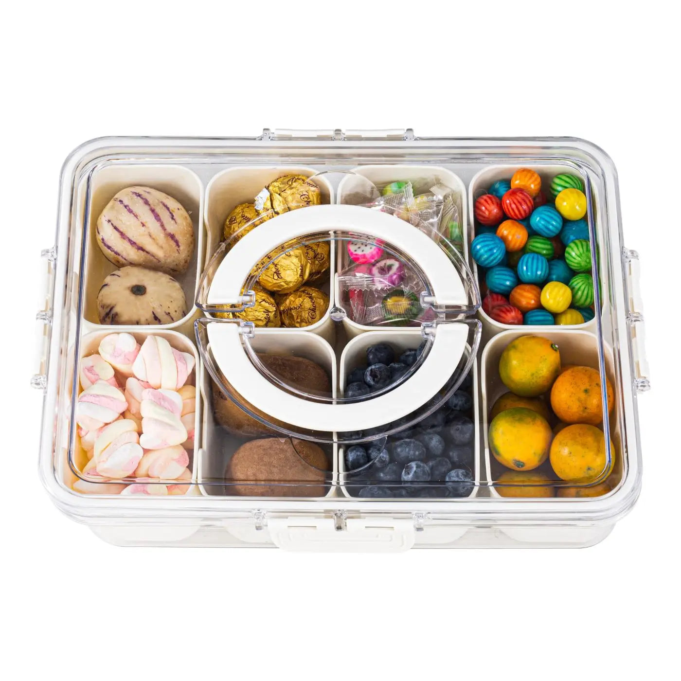 Snackle Box Container with Lid Travel Charcuterie Box with Handle Organizer for Candy, Fruit, Nuts, Veggies, Snacks, Beach Essentials, Portable Lunch Box (Pink, Blue, White)