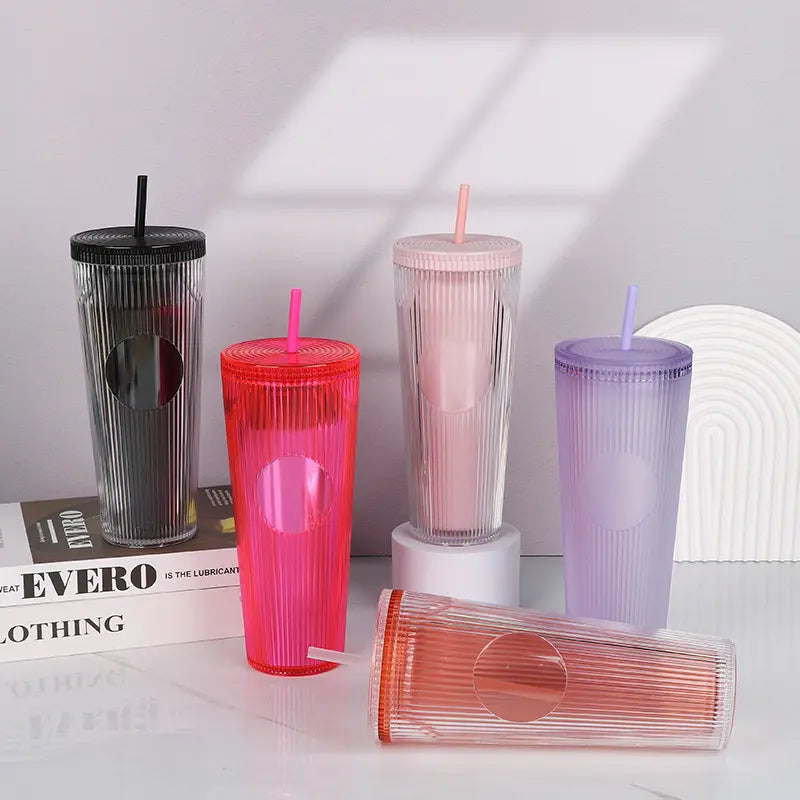 Tradeysum 700ml/24oz Plastic Tumbler with Lid and Straw, Double Wall Insulated Reusable Iced Coffee Cup, Ribbed Texture Cold Drink Mug with DIY Logo Area, BPA-Free High Capacity Water Bottle for Parties Gifts