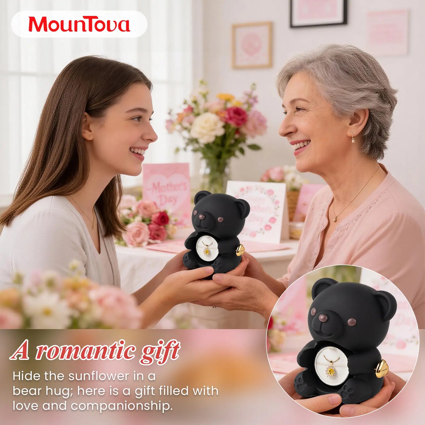 【Buy 2 Get 1 Free】Mountova Lucky Sunflower Bear Necklace Gift Box Set, Romantic Jewelry for Mom, Daughter, Girlfriend, Birthday & Anniversary, Cute Room Decor,Father's Day Gifts, Back-to-School Gifts Bling Chain,#tiktokshopsummersale