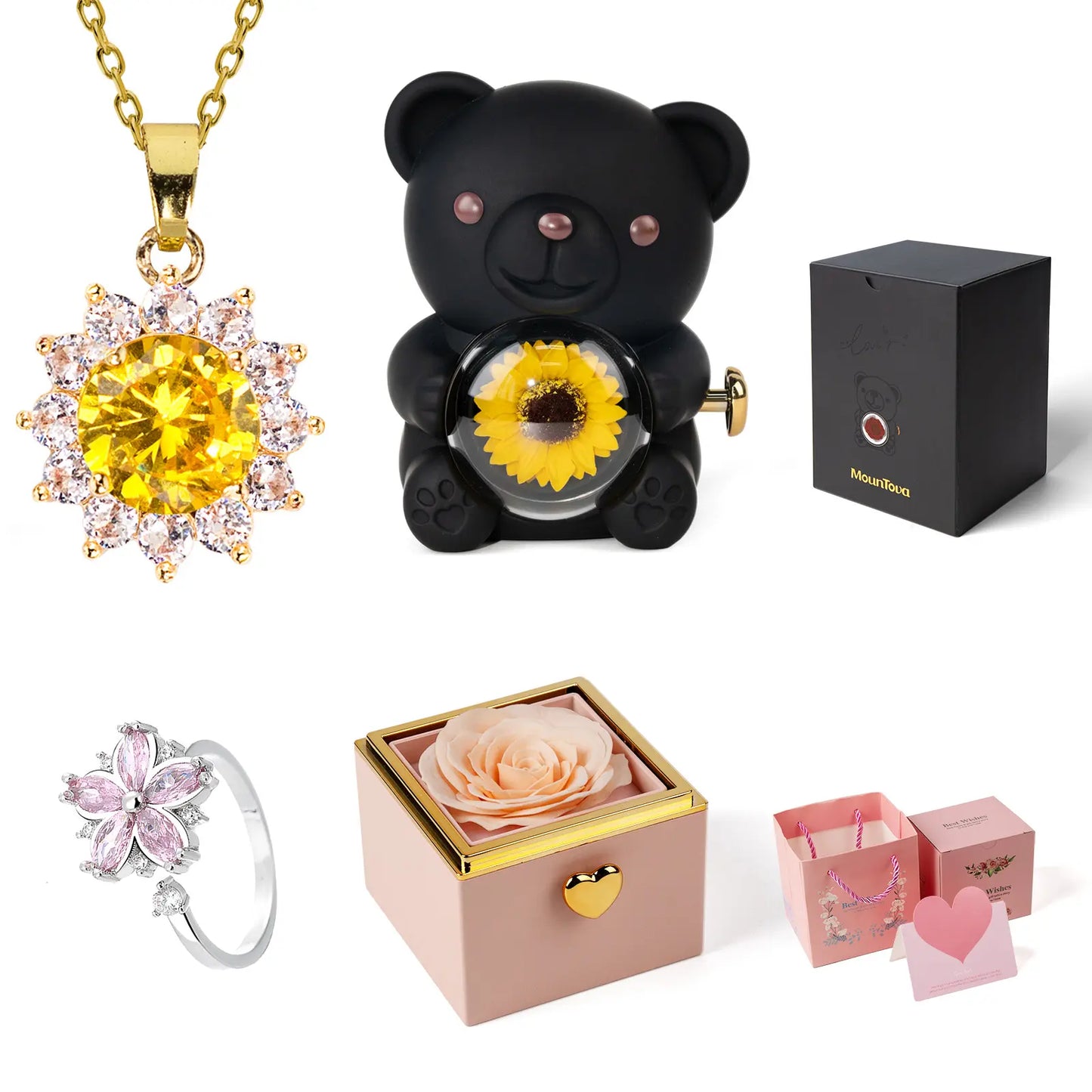 【Buy 2 Get 1 Free】Mountova Lucky Sunflower Bear Necklace Gift Box Set, Romantic Jewelry for Mom, Daughter, Girlfriend, Birthday & Anniversary, Cute Room Decor,Father's Day Gifts, Back-to-School Gifts Bling Chain,#tiktokshopsummersale
