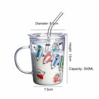 Tradeysum 350ML Glass Cup with Handle, Lid and Straw for Kids, Cute Cartoon Pattern Milk Juice Mug, Heat Resistant Borosilicate Glass Water Bottle, Portable Drinking Cup for School Home Office, Gift for Boys Girls