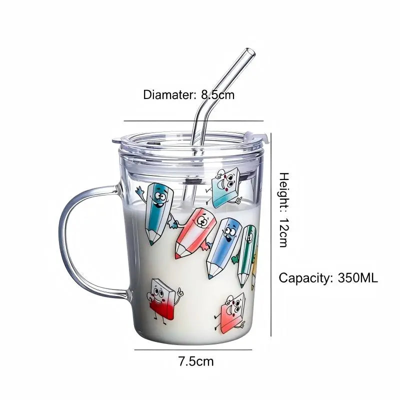 Tradeysum 350ML Glass Cup with Handle, Lid and Straw for Kids, Cute Cartoon Pattern Milk Juice Mug, Heat Resistant Borosilicate Glass Water Bottle, Portable Drinking Cup for School Home Office, Gift for Boys Girls