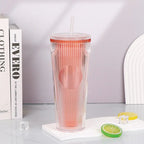 Tradeysum 700ml/24oz Plastic Tumbler with Lid and Straw, Double Wall Insulated Reusable Iced Coffee Cup, Ribbed Texture Cold Drink Mug with DIY Logo Area, BPA-Free High Capacity Water Bottle for Parties Gifts