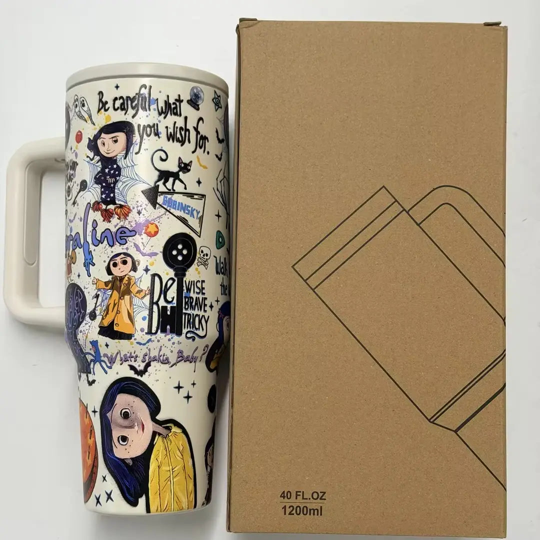1pc 40oz Stainless Steel Tumbler with Lid and Straw, Insulated Drink Tumbler, Coraline Cartoon Style, Vacuum Insulated Thermal Cup, Keep Hot 12H/Cold 24H, Travel Mug for Movie Fans, Gift for Horror Aesthetic Lovers and Animation Enthusiasts