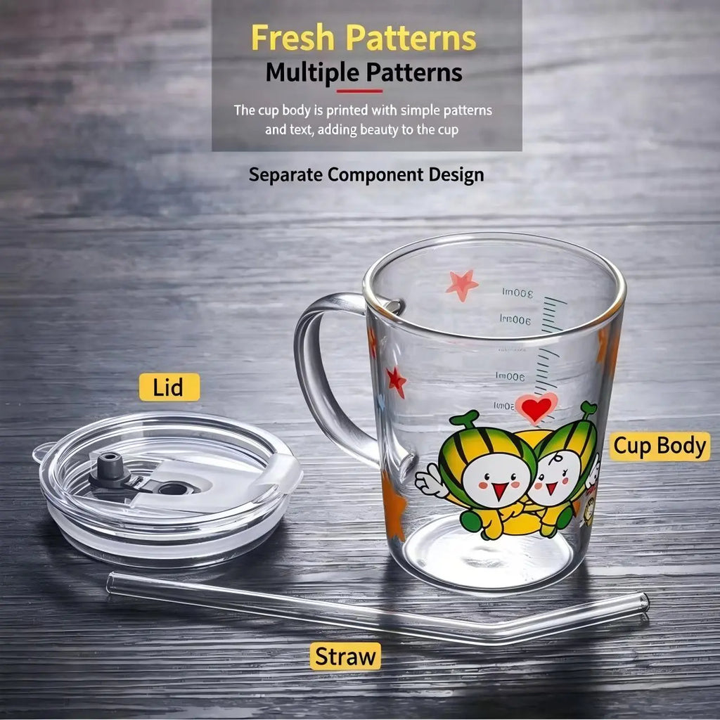 Tradeysum 350ML Glass Cup with Handle, Lid and Straw for Kids, Cute Cartoon Pattern Milk Juice Mug, Heat Resistant Borosilicate Glass Water Bottle, Portable Drinking Cup for School Home Office, Gift for Boys Girls