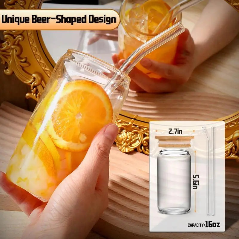 Glass Cup with Lid & Straw & Brush Set, 1/2/4/6/8pcs 16oz Party Clear Glass Cup Set,Housewarming Birthday Gift Ideas, Suitable for Coffee, Juice, Milk Tea, Beer Cocktail Whiskey, Kitchen Household Drinking Utensils Tumblers Drinkware Bottles