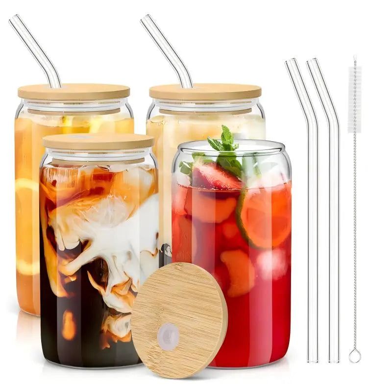 Glass Cup with Lid & Straw & Brush Set, 1/2/4/6/8pcs 16oz Party Clear Glass Cup Set,Housewarming Birthday Gift Ideas, Suitable for Coffee, Juice, Milk Tea, Beer Cocktail Whiskey, Kitchen Household Drinking Utensils Tumblers Drinkware Bottles