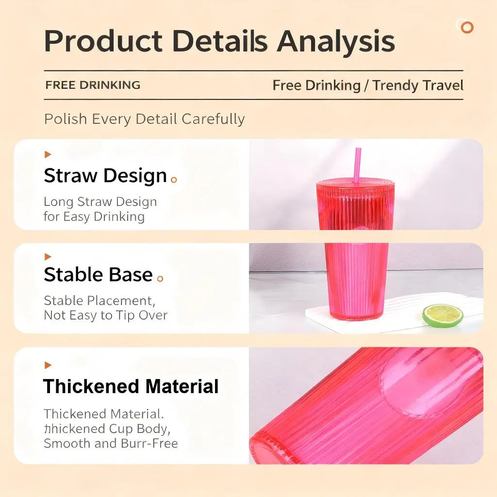 Tradeysum 700ml/24oz Plastic Tumbler with Lid and Straw, Double Wall Insulated Reusable Iced Coffee Cup, Ribbed Texture Cold Drink Mug with DIY Logo Area, BPA-Free High Capacity Water Bottle for Parties Gifts