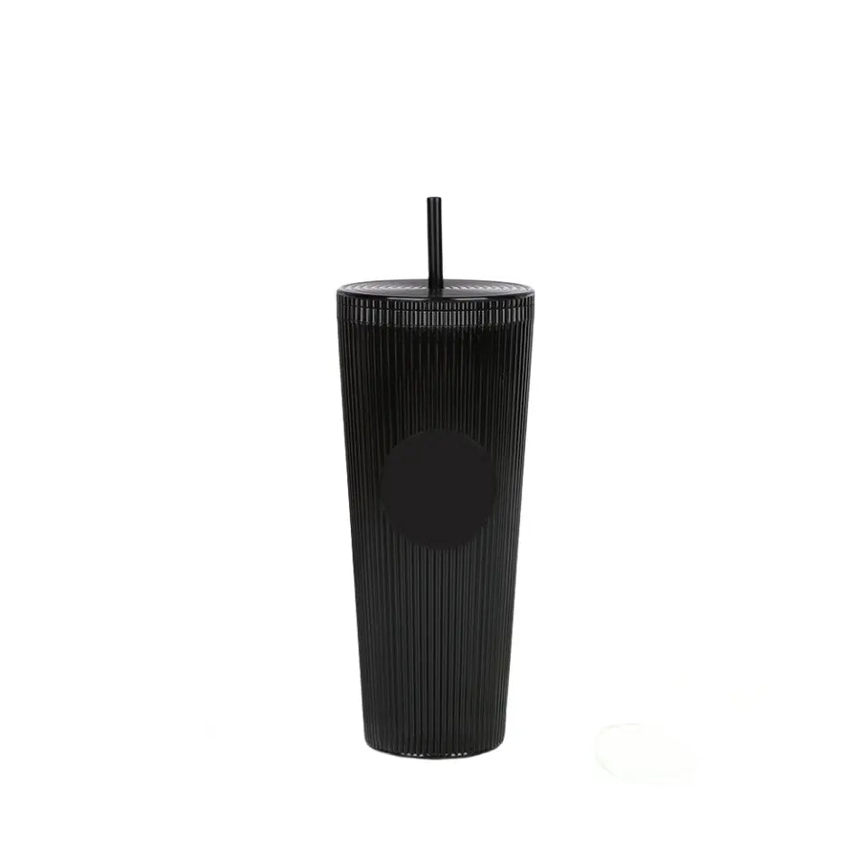Tradeysum 700ml/24oz Plastic Tumbler with Lid and Straw, Double Wall Insulated Reusable Iced Coffee Cup, Ribbed Texture Cold Drink Mug with DIY Logo Area, BPA-Free High Capacity Water Bottle for Parties Gifts