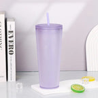 Tradeysum 700ml/24oz Plastic Tumbler with Lid and Straw, Double Wall Insulated Reusable Iced Coffee Cup, Ribbed Texture Cold Drink Mug with DIY Logo Area, BPA-Free High Capacity Water Bottle for Parties Gifts