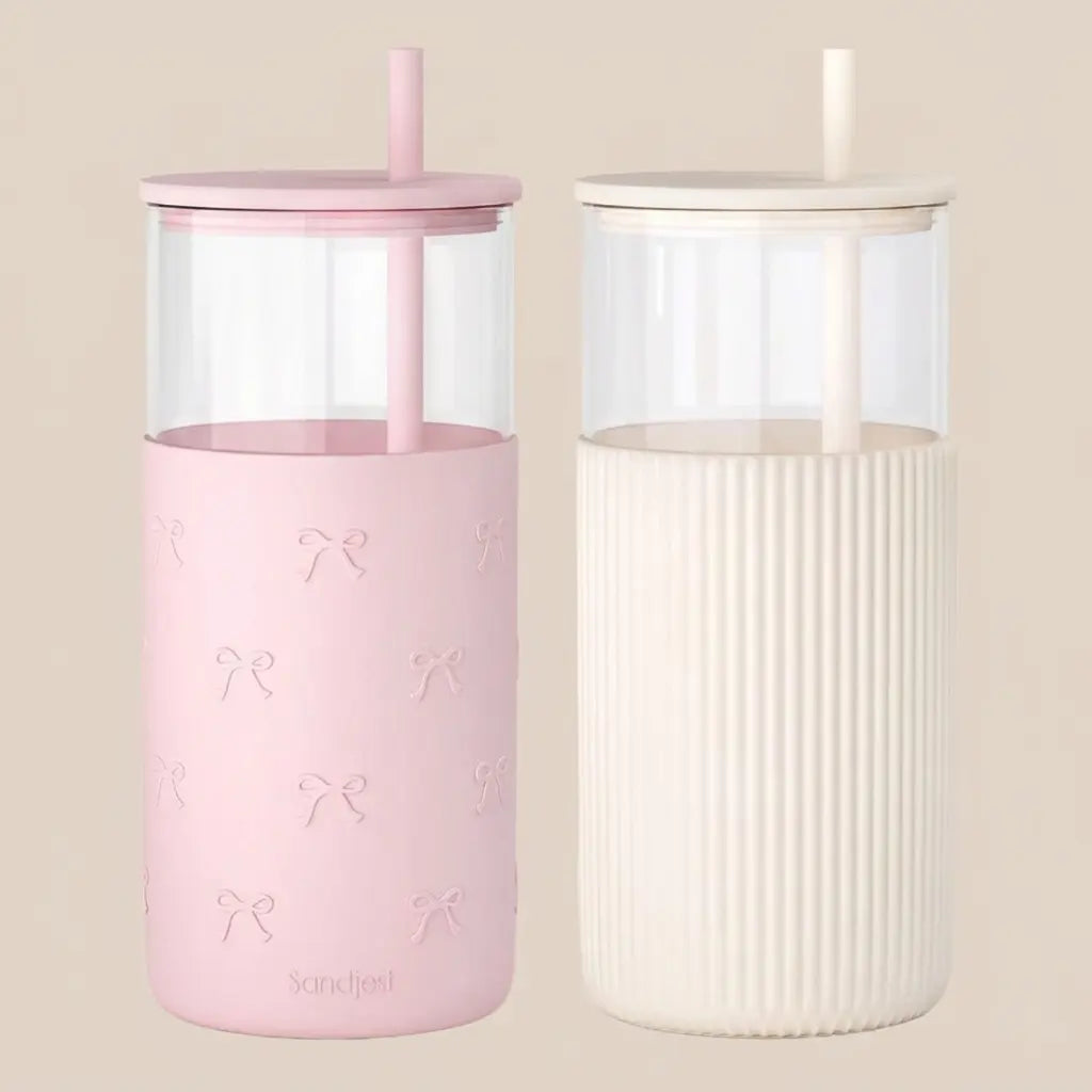 20oz Glass Tumbler with Silicone Sleeve & Straw, Aesthetic Cup Ideal for Hot & Cold Drinks Smoothie Iced Coffee, Gift for Her Women Girl