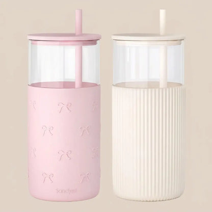 20oz Glass Tumbler with Silicone Sleeve & Straw, Aesthetic Cup Ideal for Hot & Cold Drinks Smoothie Iced Coffee, Gift for Her Women Girl