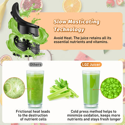 LQZ 350W Cold Press Juicer - Slow Masticating, 5.4 Inch Feed Chute, High Juice Yield, Easy Clean, 55rpm Technology for Whole Fruits & Veggies,Summer Glow