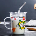Tradeysum 350ML Glass Cup with Handle, Lid and Straw for Kids, Cute Cartoon Pattern Milk Juice Mug, Heat Resistant Borosilicate Glass Water Bottle, Portable Drinking Cup for School Home Office, Gift for Boys Girls