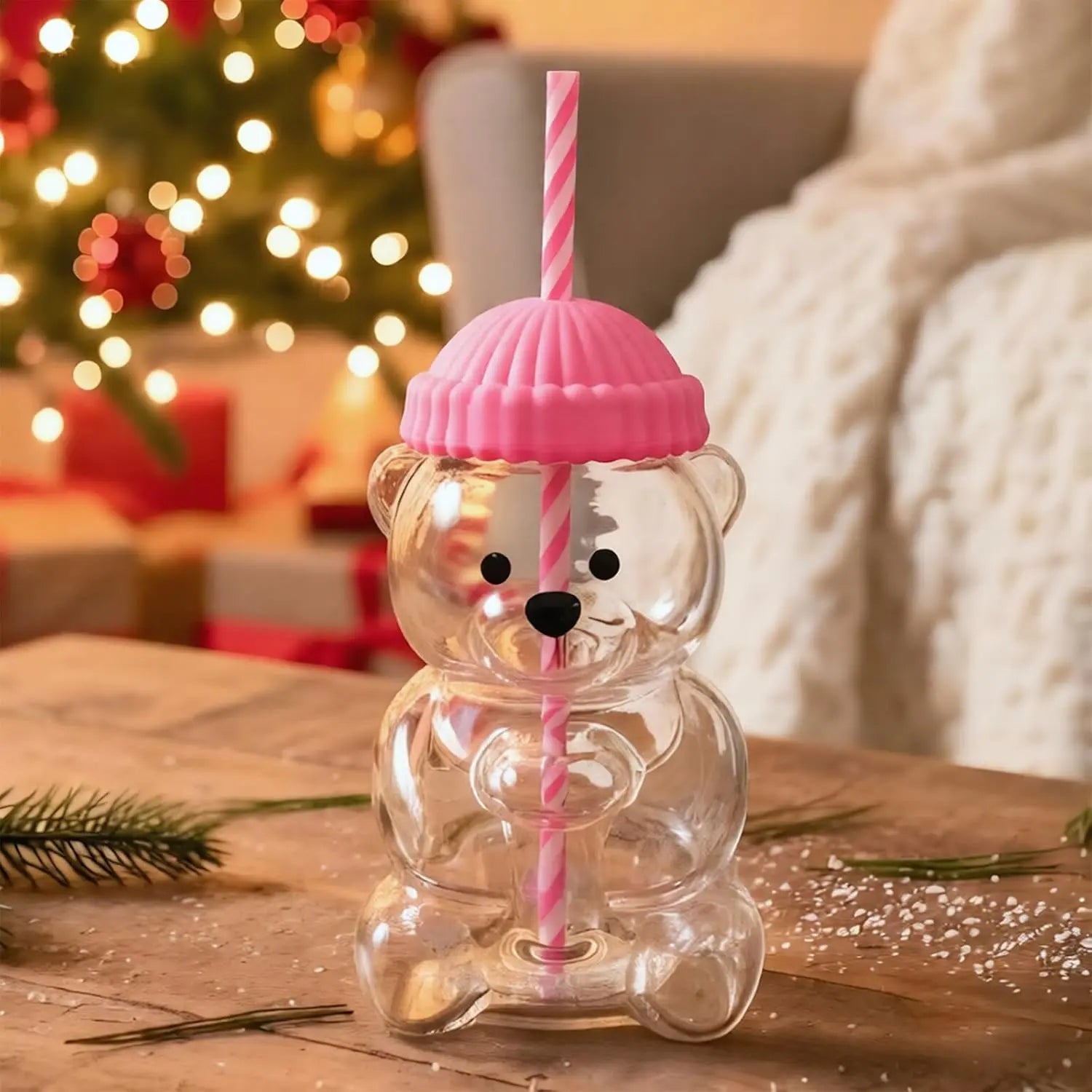 Viral Bearista Cold Cup for 2026 Holiday Collection Nostalgia Cute Bear Cup With Striped Straw 20oz High-Quality Glass Tumbler for Smoothies Boba & Beverage  Iced Coffee Glass Gifts colorful glass cup practical gift