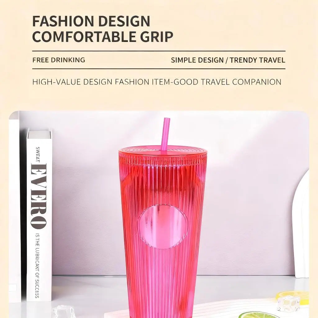Tradeysum 700ml/24oz Plastic Tumbler with Lid and Straw, Double Wall Insulated Reusable Iced Coffee Cup, Ribbed Texture Cold Drink Mug with DIY Logo Area, BPA-Free High Capacity Water Bottle for Parties Gifts