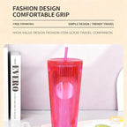 Tradeysum 700ml/24oz Plastic Tumbler with Lid and Straw, Double Wall Insulated Reusable Iced Coffee Cup, Ribbed Texture Cold Drink Mug with DIY Logo Area, BPA-Free High Capacity Water Bottle for Parties Gifts
