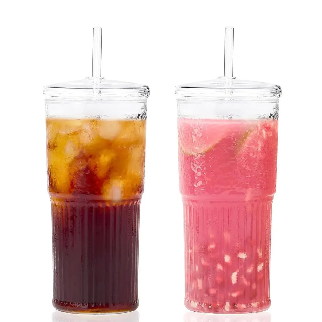 【Father's Day Gift】Glass Iced Coffee Cup With Lids and Straws, 24 OZ High Borosilicate Glass Tumbler for Water Smoothie Juice Drinks, Modern Glass Mug for Cold & Hot Beverages