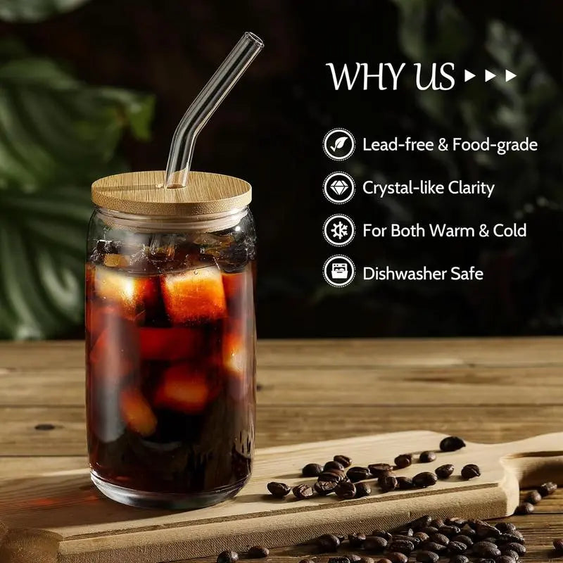 Glass Cup with Lid & Straw & Brush Set, 1/2/4/6/8pcs 16oz Party Clear Glass Cup Set,Housewarming Birthday Gift Ideas, Suitable for Coffee, Juice, Milk Tea, Beer Cocktail Whiskey, Kitchen Household Drinking Utensils Tumblers Drinkware Bottles