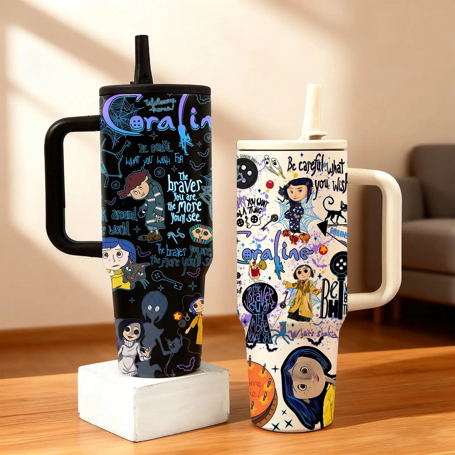 1pc 40oz Stainless Steel Tumbler with Lid and Straw, Insulated Drink Tumbler, Coraline Cartoon Style, Vacuum Insulated Thermal Cup, Keep Hot 12H/Cold 24H, Travel Mug for Movie Fans, Gift for Horror Aesthetic Lovers and Animation Enthusiasts